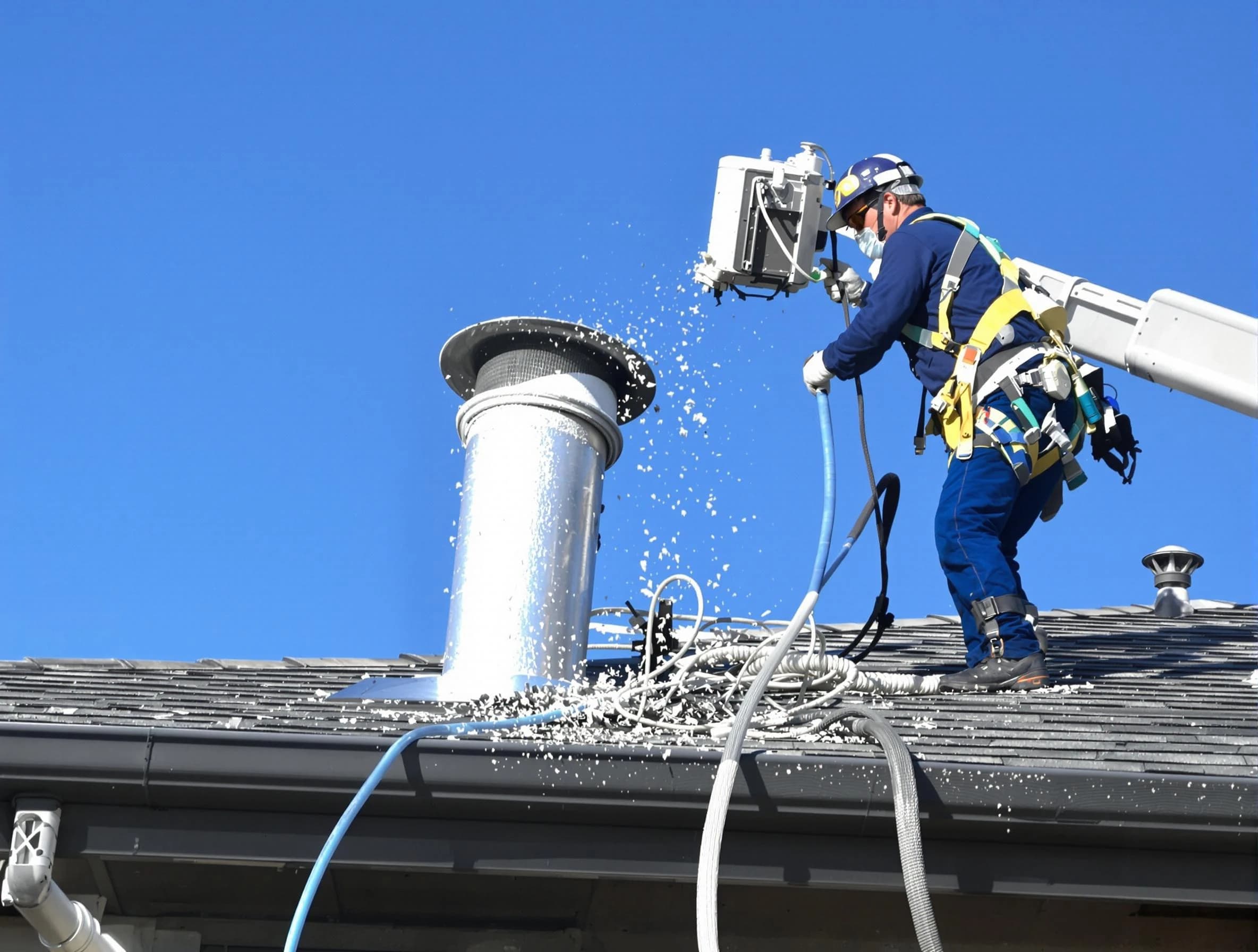 Lafayette Dryer Vent Cleaning certified technician safely cleaning a roof-mounted dryer vent in Lafayette