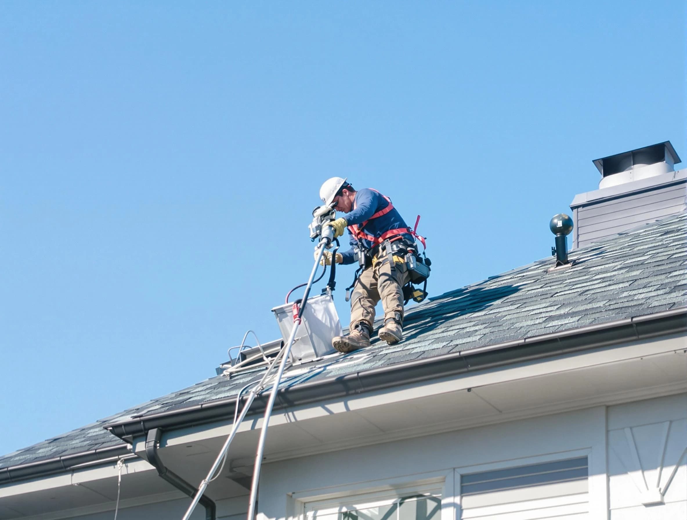 Lafayette Dryer Vent Cleaning certified technician cleaning a roof-mounted dryer vent system in Lafayette