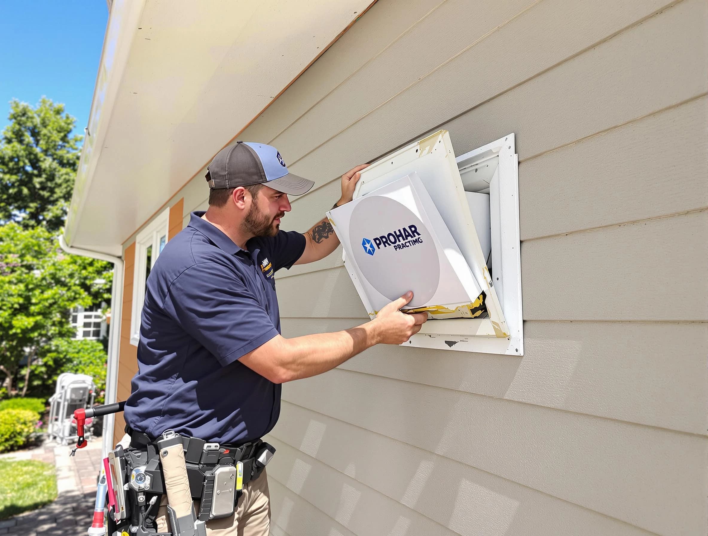 Lafayette Dryer Vent Cleaning technician installing a new protective dryer vent cover on a home in Lafayette